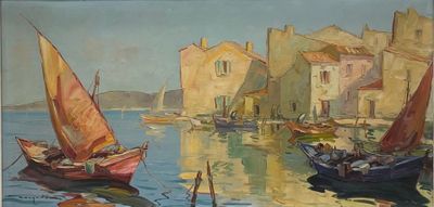 une peinture de bateaux dans un port avec des bâtiments à l'arrière-plan
