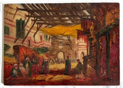 une peinture à l'huile représentant une scène de rue où des gens se promènent