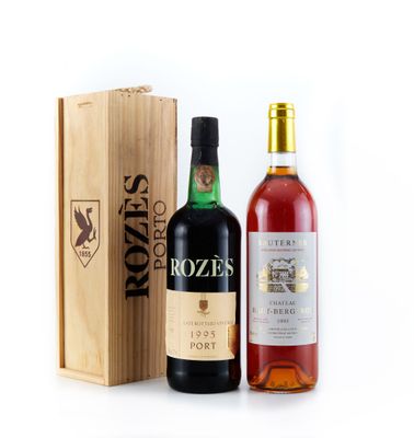 deux bouteilles de vin et une boîte en bois sur fond blanc