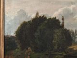 a painting of a river with trees in the background