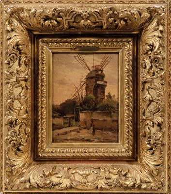a painting of a windmill in a golden frame on a wall