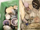 deux paniers remplis de cailloux et de coquillages posés sur une table