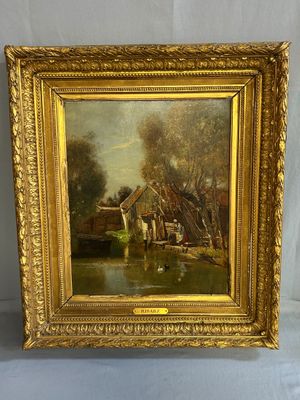 an oil painting of a farm scene with a cow and a house