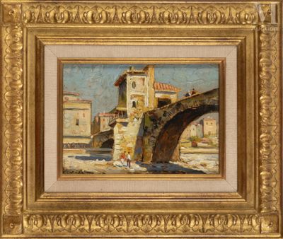 une peinture à l'huile représentant un pont sur une rivière avec un bâtiment à l'arrière-plan