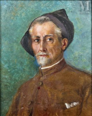 une peinture à l'huile représentant un homme barbu coiffé d'un chapeau