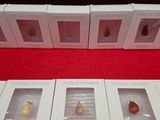 four boxes of different types of fruit sit on a red surface