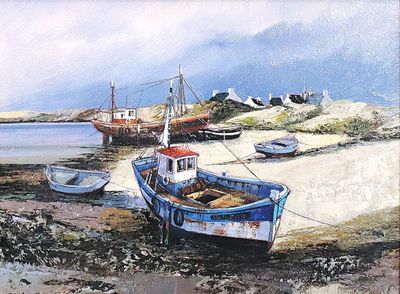 un tableau représentant un bateau sur le rivage d'une plage