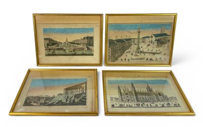 three framed pictures of a city with a clock tower and a clock tower