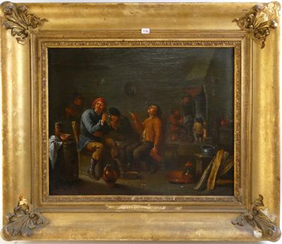 une peinture à l'huile représentant un groupe d'hommes jouant aux cartes dans une taverne