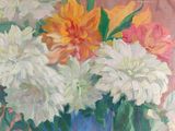 a painting of flowers in a blue vase on a table