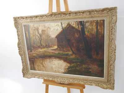 peinture sur chevalet représentant une cabane dans les bois