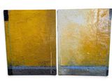 two paintings of yellow and blue on a white background