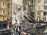 an image of a painting of a city street with cars on it