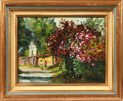 une peinture à l'huile représentant une route de campagne avec des fleurs et une maison en arrière-plan