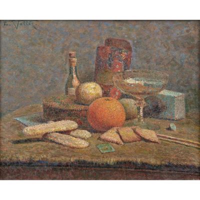 tableau représentant une nature morte avec des oranges, du pain et une bouteille de vin