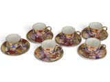 six coffee cups and saucers are sitting on a white surface