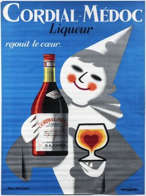 an advertisement for cordial medoc liqueur with a clown holding a wine glass