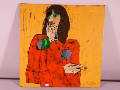 a painting of a woman holding a cigarette in her hand