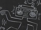 black and white drawing of a man with a boombox on his head