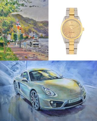 une photo d'un tableau représentant une voiture et une montre