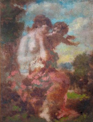 une peinture représentant une femme tenant un enfant dans ses bras