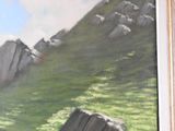 a painting of a mountain with a rock in the middle of it