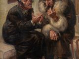 an image of a painting of two men sitting on a ledge