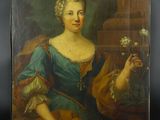 une peinture représentant une femme tenant une fleur à la main