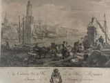 engraving of a view of a harbor with a ship and a horse drawn carriage