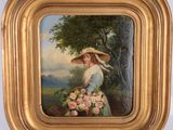 tableau représentant une femme coiffée d'un chapeau de paille et tenant un panier de fleurs