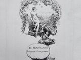 an old black and white drawing of a woman sitting on a bench