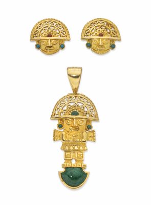 un ensemble de trois pendentifs en or et émeraude