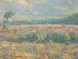 an oil painting of a field of yellow flowers with a lone tree in the distance