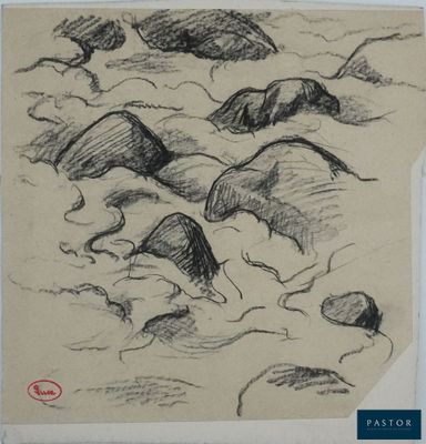 dessin représentant un groupe de rochers dans un champ, avec le ciel en arrière-plan