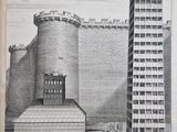 an old drawing of a castle with a tower in the middle of it