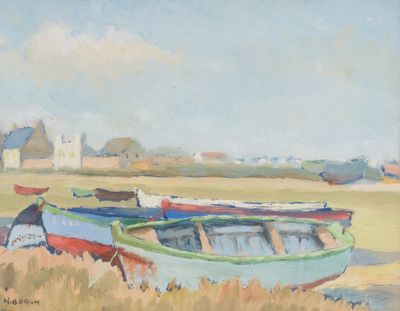 a painting of two boats on the shore of the water