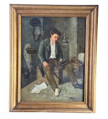painting of a man in a suit sitting on a chair in a room