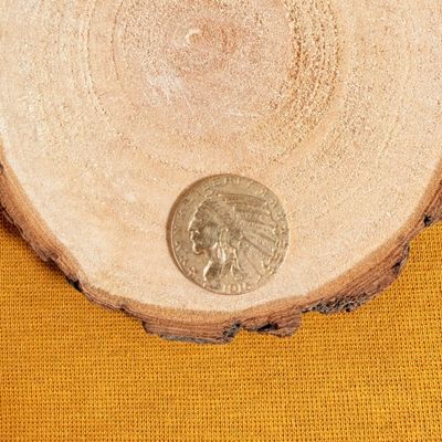 a small coin sitting on top of a piece of wood
