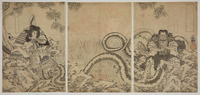 three panels of a painting of a man and a woman riding on a horse