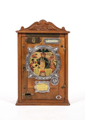 an old wooden clock with a picture of a man and a woman on it