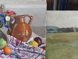 reproduction d'un tableau représentant un vase et une corbeille de fruits posés sur une table