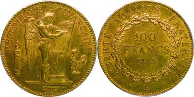 une pièce d'or à l'effigie d'une femme tenant une épée