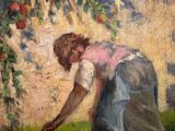 painting of a woman picking apples from a tree in a garden