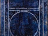 an abstract painting with a blue circle on a blue background
