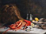 a painting of a lobster and oysters on a table