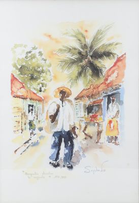 framed watercolor painting of a man walking down a street with an umbrella