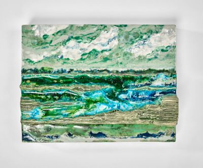 tableau représentant une scène de plage avec des vagues qui déferlent