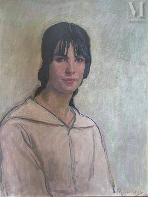 tableau représentant une femme vêtue d'une chemise blanche et d'un sweat à capuche marron