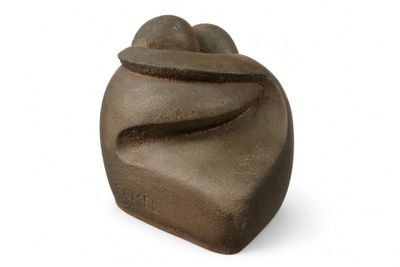 brown stone sculpture of a woman ' s head on a white background