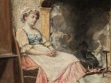 a painting of a woman sitting in front of a fire place